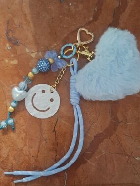 Blue Fuzzy Heart Pom Pom Keychain with Smiley Charm